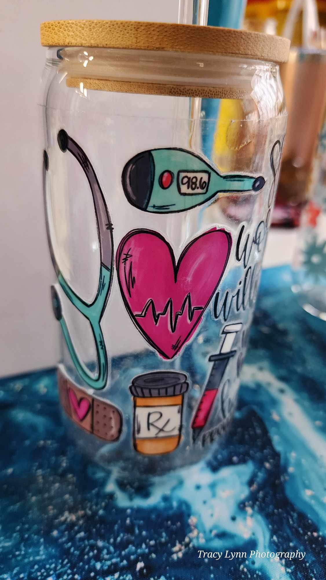 16 Oz Drinking Glasses with Bamboo Lids and Glass Straw -She works willingly proverb