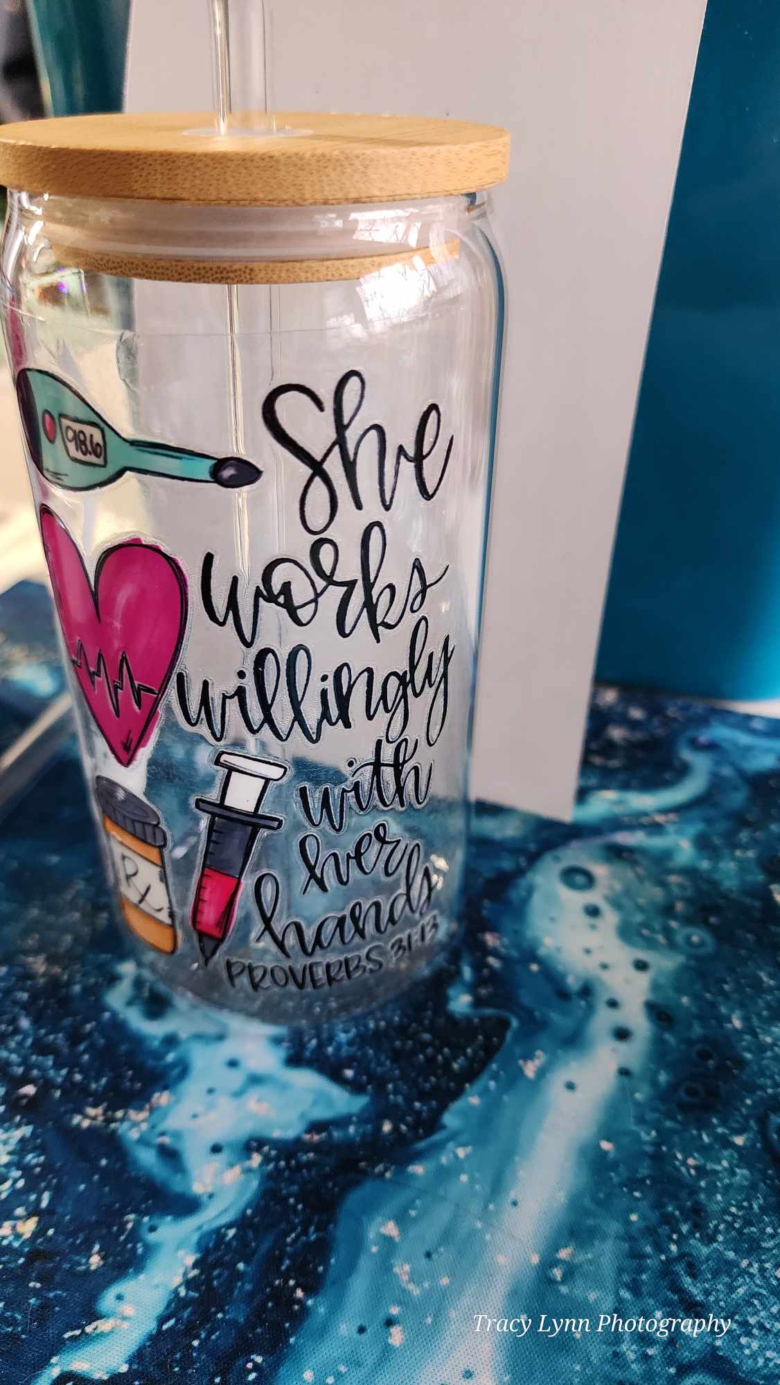 16 Oz Drinking Glasses with Bamboo Lids and Glass Straw -She works willingly proverb