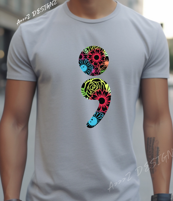 Mental Health Floral Semi Colon Adult Tshirt