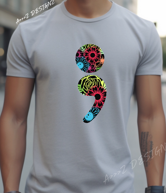 Mental Health Floral Semi Colon Adult Tshirt
