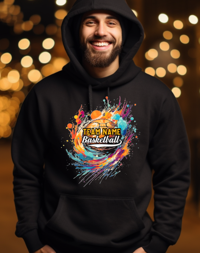 BASKETBALL team- choose team - COLOR Hooded Softstyle Sweatshirt YOUTH to ADULT sizes (multiple color/ layout choices)