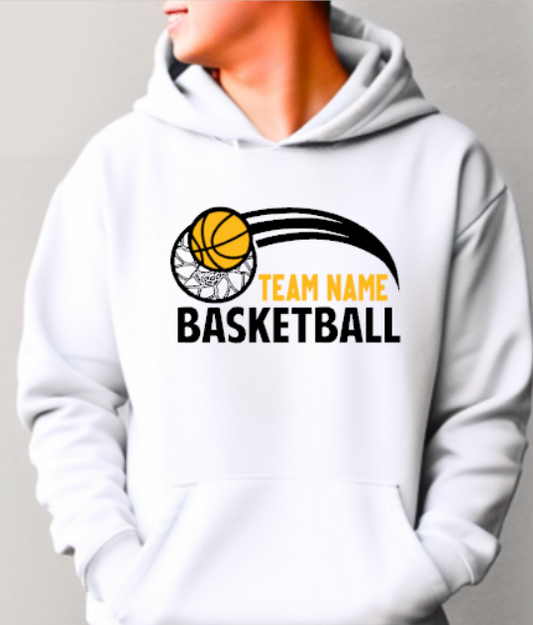 BASKETBALL team- choose team - Swoosh Hooded Softstyle Sweatshirt YOUTH to ADULT sizes (multiple color / layout choices)