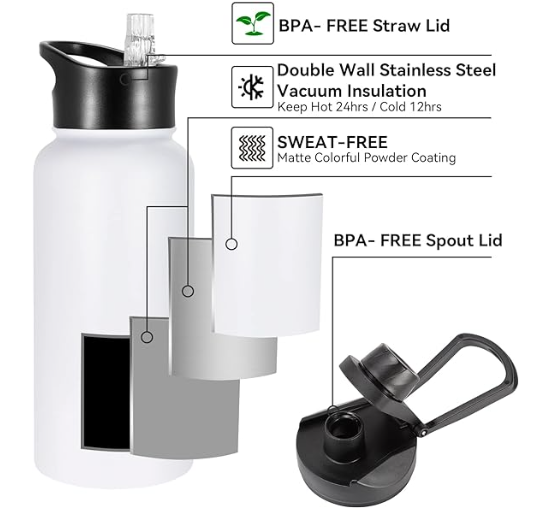 32 Oz Insulated Water Bottle with 2 lids - Red Truck Gnomes