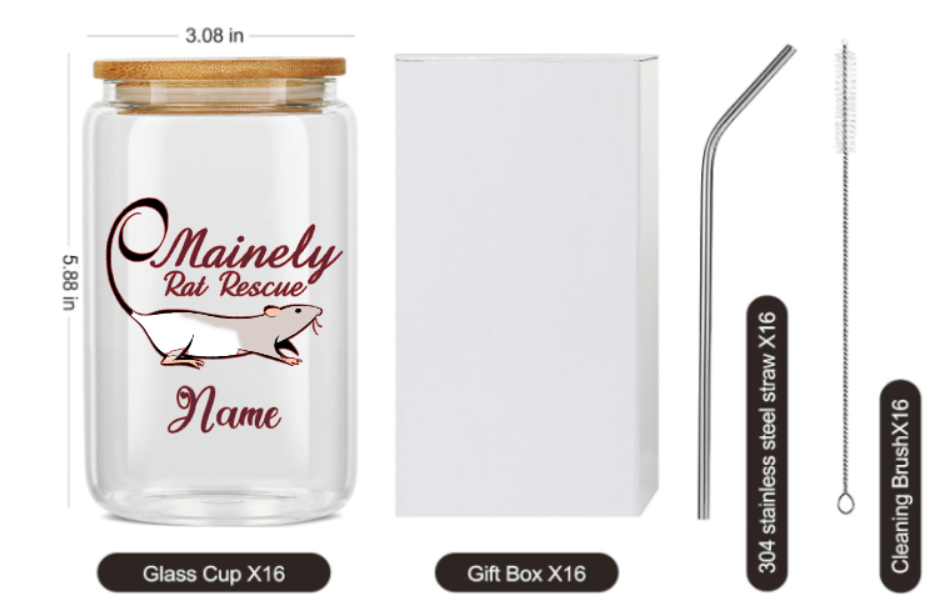 Mainely Rat Rescue Glass Cup With Bamboo Lids And Straws, 16Oz