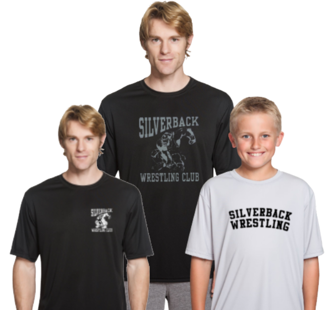 NEW! Silverback Wrestling Club A4 Wicking Polyester Sport Tshirt YOUTH to ADULT sizes (multiple color/logo choices) Build your custom shirt now!