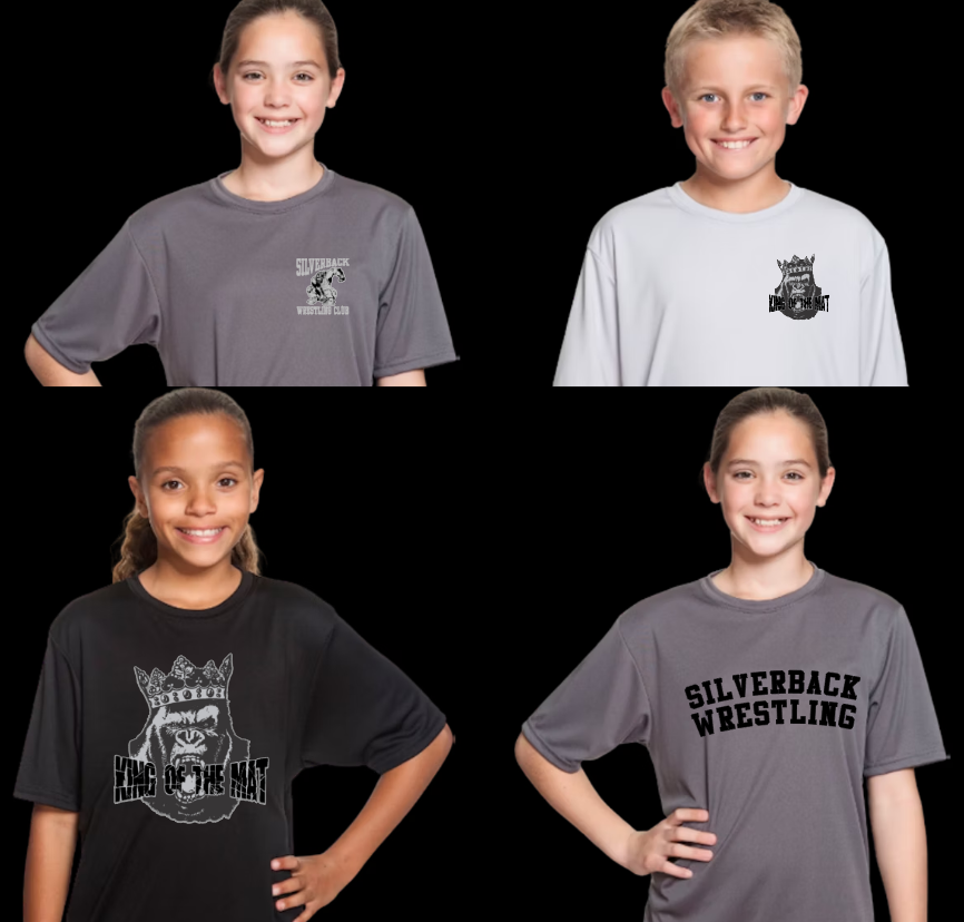 NEW! Silverback Wrestling Club A4 Wicking Polyester Sport Tshirt YOUTH to ADULT sizes (multiple color/logo choices) Build your custom shirt now!