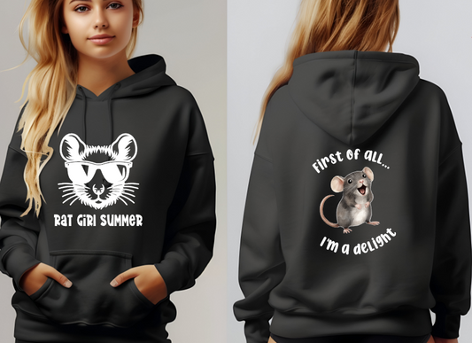 Mainely Rat Rescue Rat Girl Summer Softstyle Gildan Hooded Sweatshirt- Customize yours today!