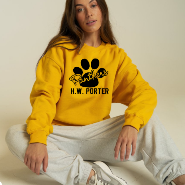 H.W. Porter Cursive Paw Crew Neck Gildan Heavy Blend Sweatshirt