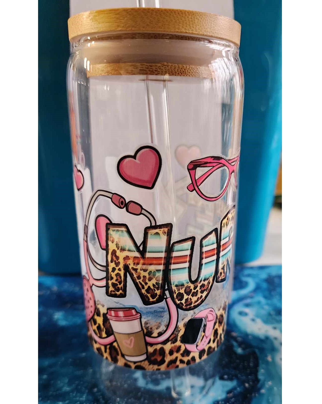 20 Oz Drinking Glasses with Bamboo Lids and Glass Straw - Nurse