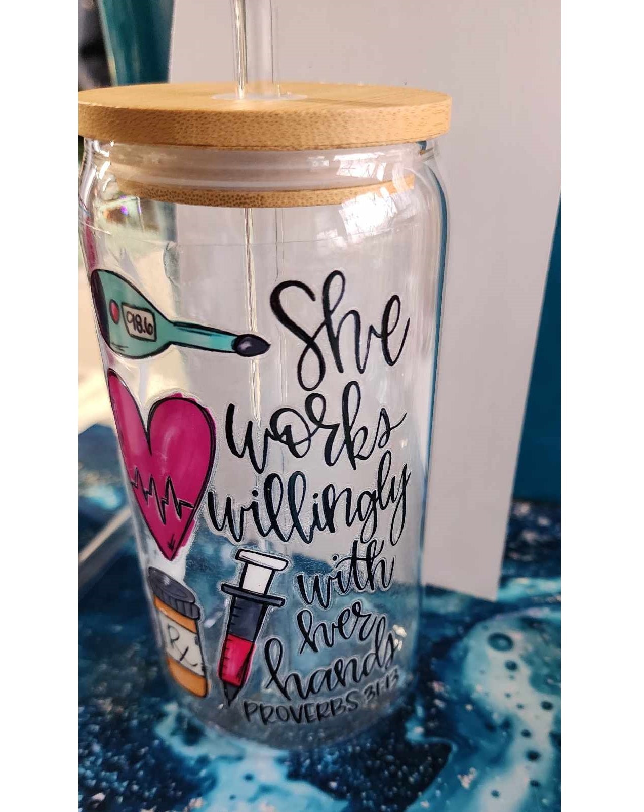 16 Oz Drinking Glasses with Bamboo Lids and Glass Straw -She works willingly proverb