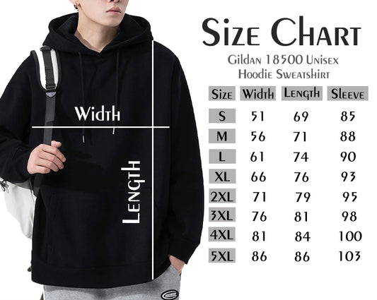 Black hoodie with size chart on a white background