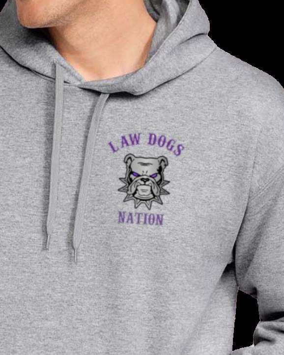 GRAY CREW NECK LAW DOGS NATION DESIGN WITH A PINK RIBBON BETWEEN LAW AND DOG