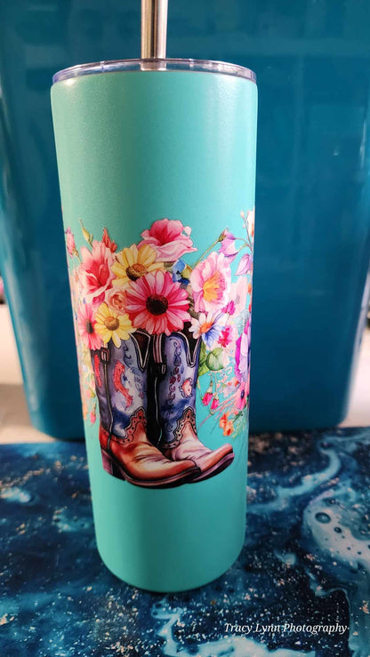 20 Oz Skinny Tall Tumbler and metal Straw - Country Boots