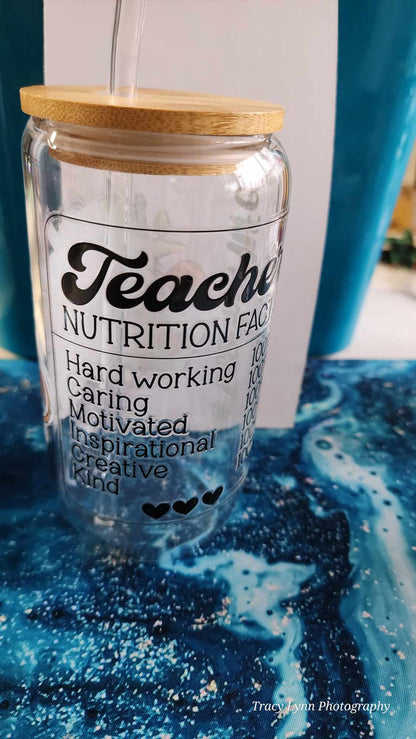 16 Oz Drinking Glasses with Bamboo Lids and Glass Straw - Teacher Life Blond