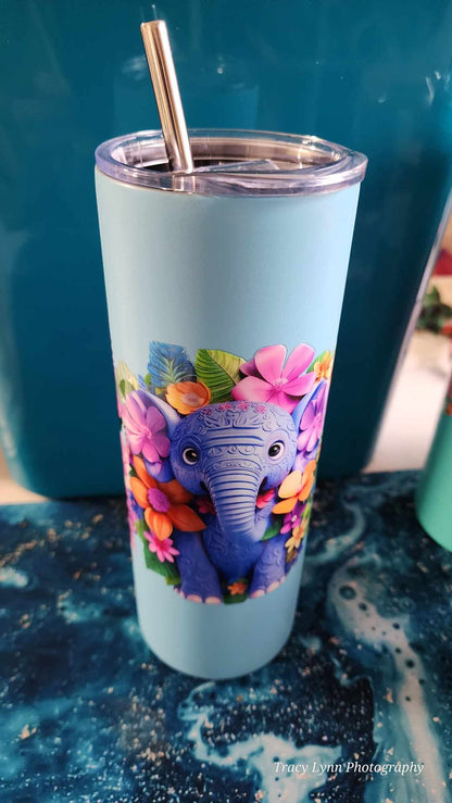 20 Oz Skinny Tall Tumbler and metal Straw - Elephant