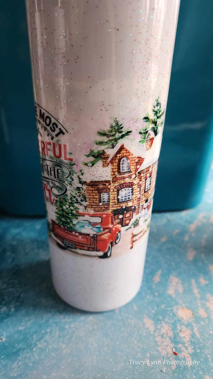 20 Oz Skinny Tall Tumbler and metal Straw - The Most Wonderful Time of the Year