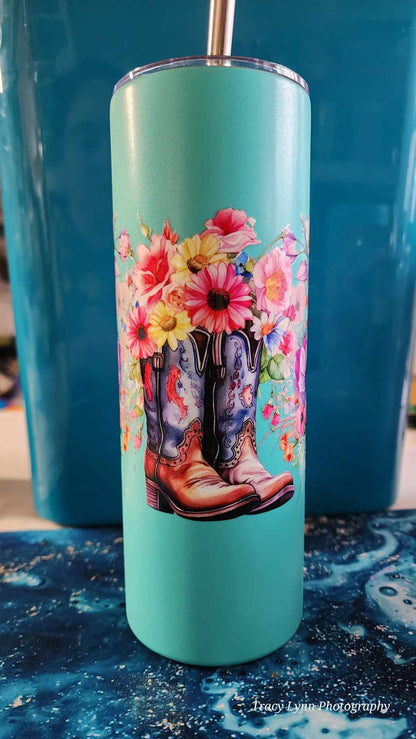 20 Oz Skinny Tall Tumbler and metal Straw - Country Boots