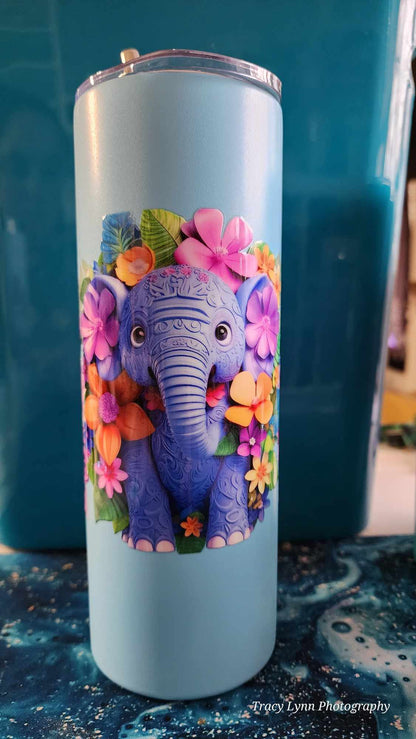 20 Oz Skinny Tall Tumbler and metal Straw - Elephant