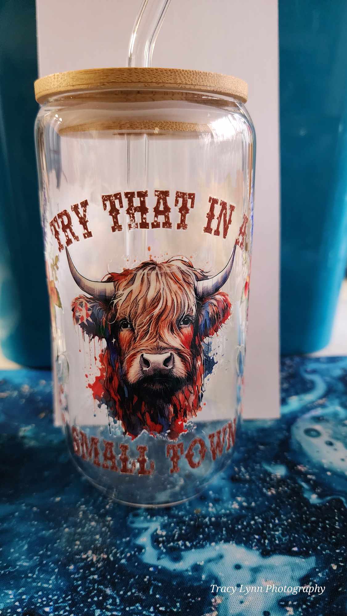 16 Oz Drinking Glasses with Bamboo Lids and Glass Straw - Highland Cow Try that in a Small Town