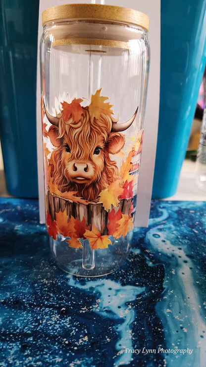 20 Oz Drinking Glasses with Bamboo Lids and Glass Straw - Highland Cow Fall