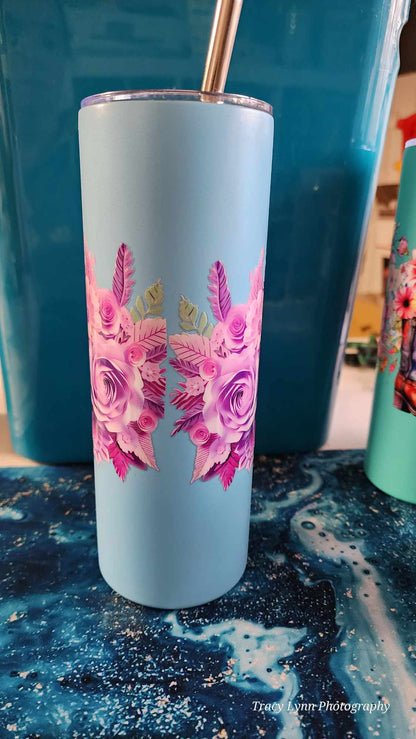 20 Oz Skinny Tall Tumbler and metal Straw - Elephant