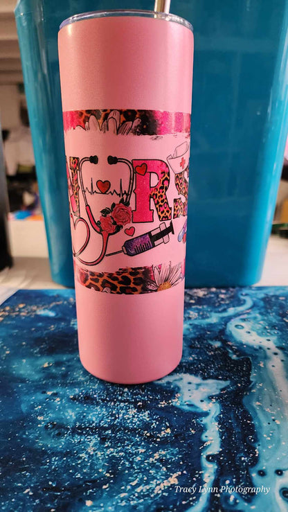 20 Oz Skinny Tall Tumbler and metal Straw - Pink Nurse