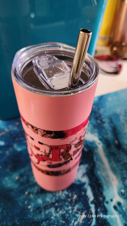 20 Oz Skinny Tall Tumbler and metal Straw - Pink Nurse