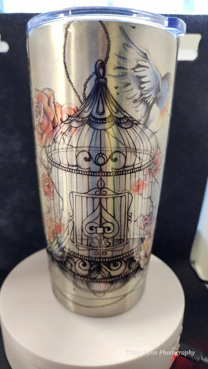 20 Oz Epoxy Tumbler and metal Straw - Bird and cage