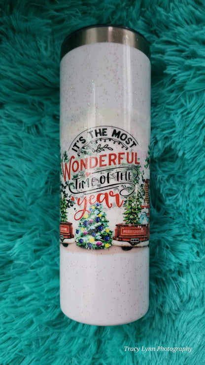 20 Oz Skinny Tall Tumbler and metal Straw - The Most Wonderful Time of the Year