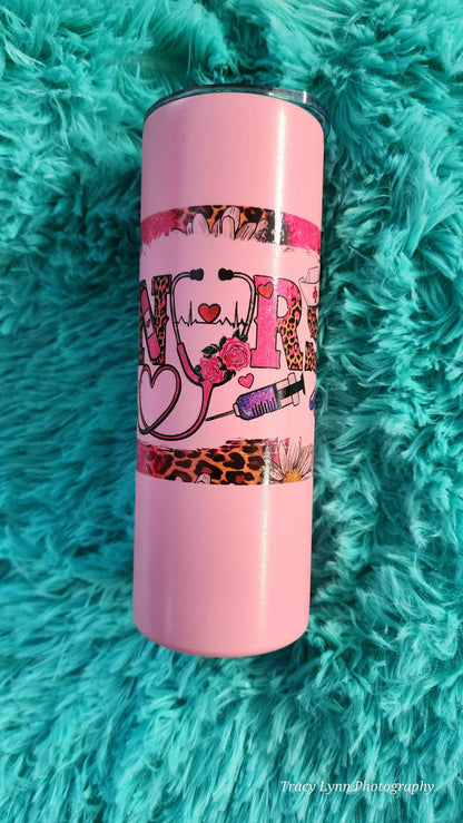 20 Oz Skinny Tall Tumbler and metal Straw - Pink Nurse
