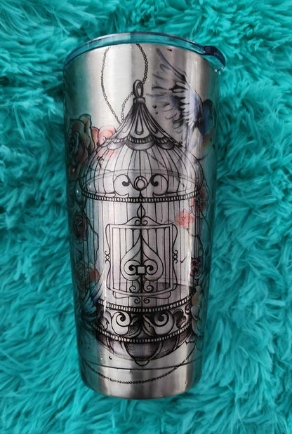 20 Oz Epoxy Tumbler and metal Straw - Bird and cage