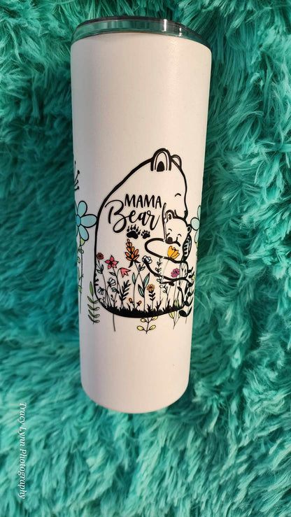 20 Oz Skinny Tall Tumbler and metal Straw - Mama Bear