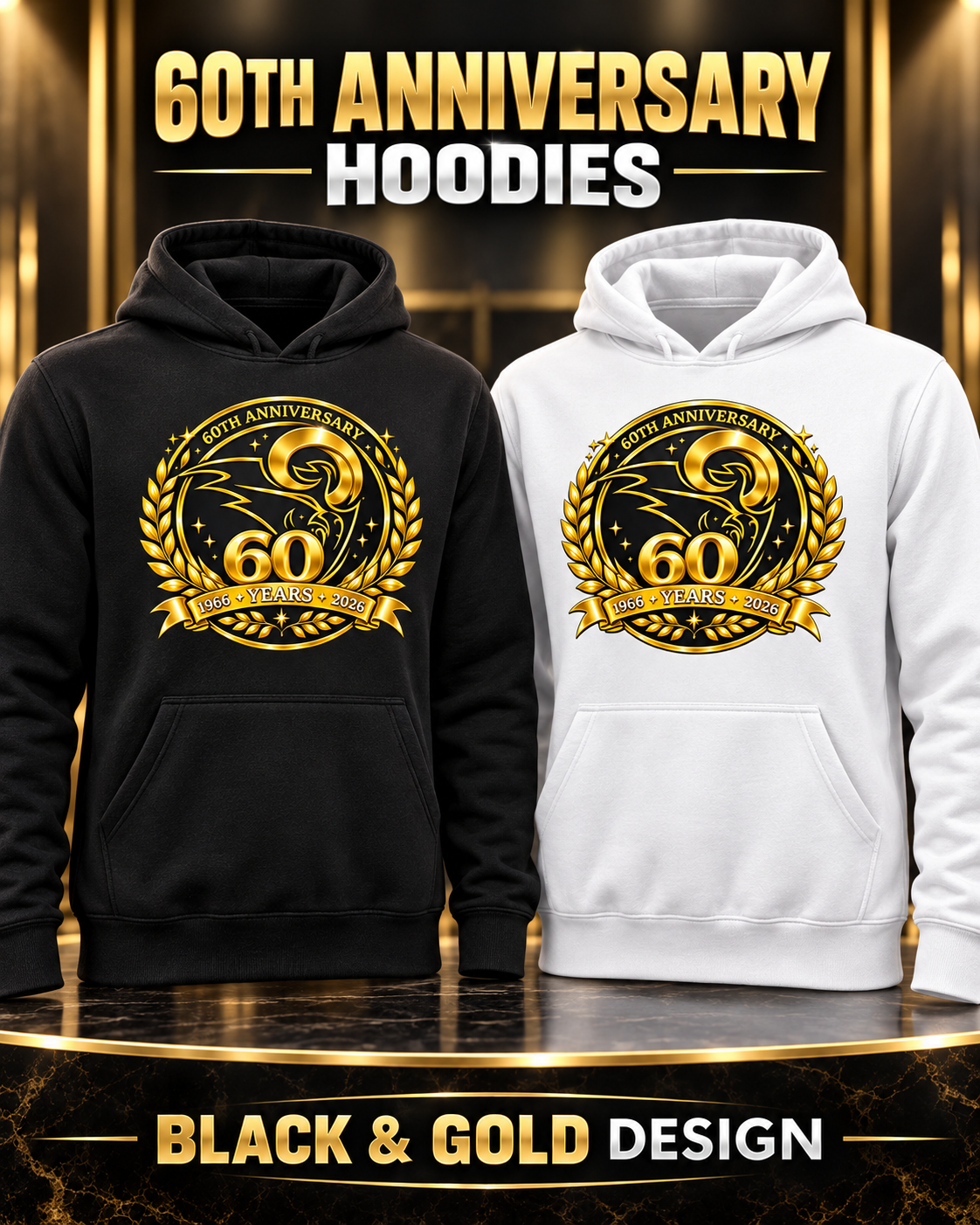 Two hoodies displayed side by side with a '60th Anniversary' gold graphic on the chest. The left hoodie is black, and the right hoodie is white.