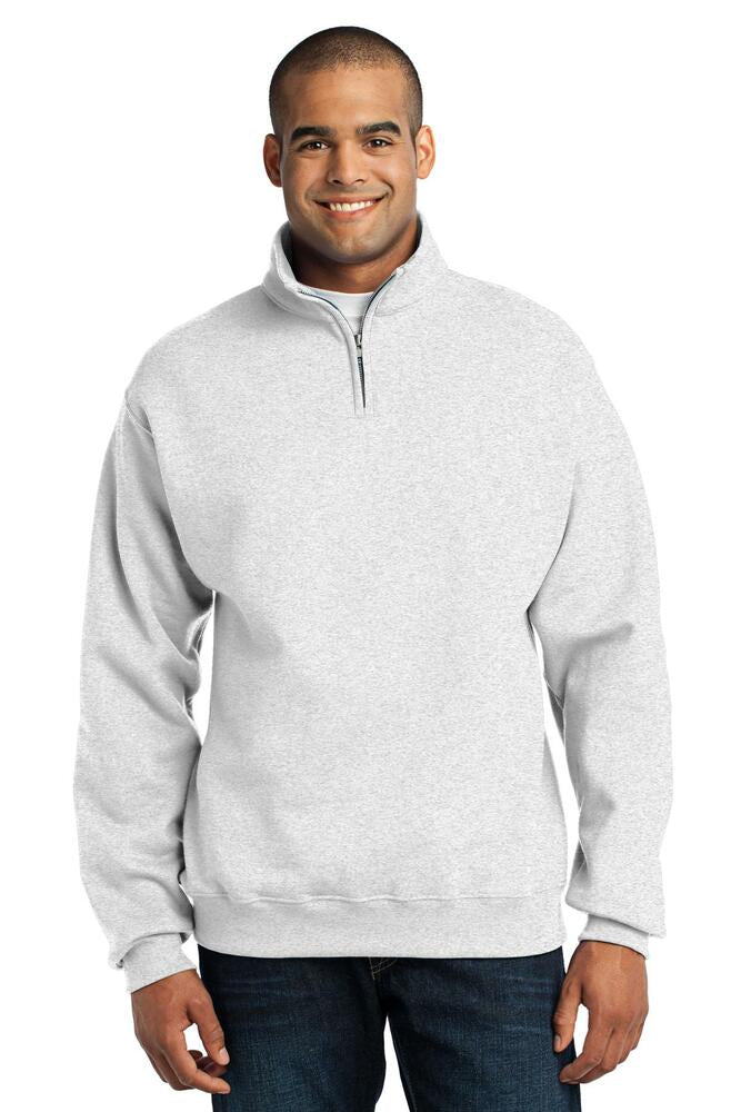 A man wearing a light gray heathered quarter-zip sweatshirt and dark blue jeans, standing against a solid white background.