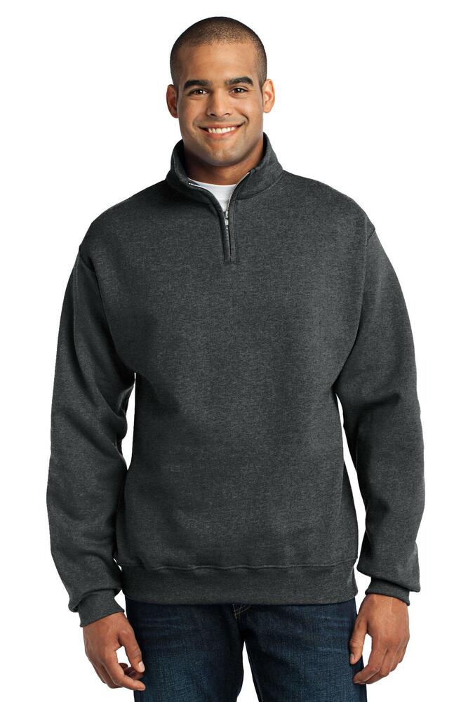 Man wearing a dark gray pullover with a zipper on a white background