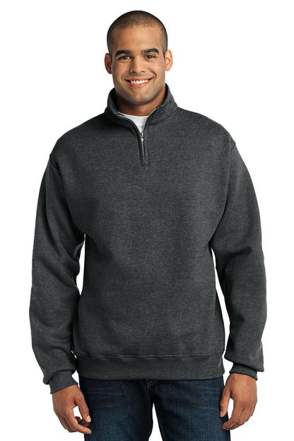 Man wearing a dark gray pullover with a zipper on a white background