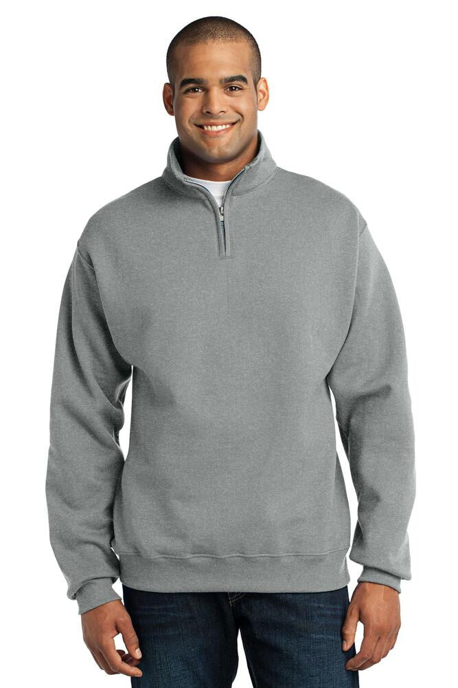 Man wearing a gray pullover with a quarter zip on a white background