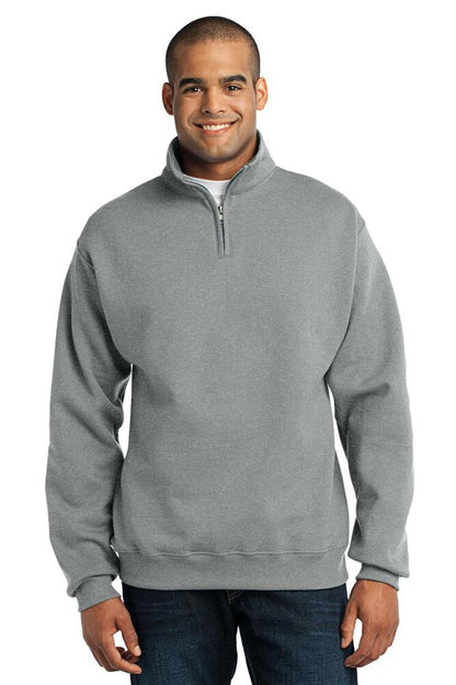 Man wearing a gray pullover with a quarter zip on a white background