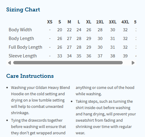 Sizing chart and care instructions for a Gildan Heavy Blend Hoodie.