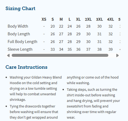 Sizing chart and care instructions for a Gildan Heavy Blend Hoodie.