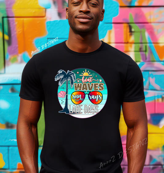 Boat waves sun rays lake days circle Adult Tshirt