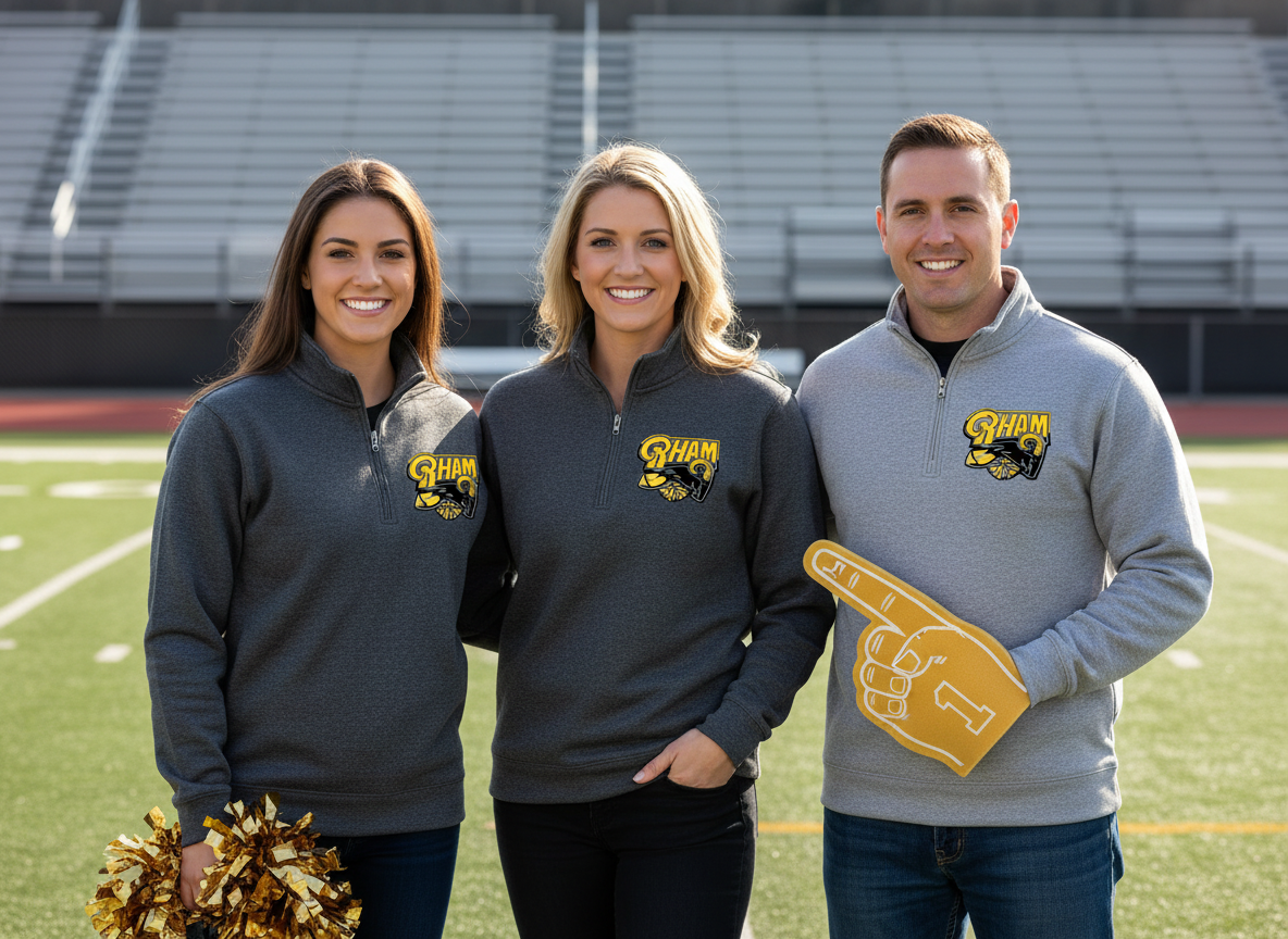 Three people wearing gray sweatshirts with a logo on a football field.