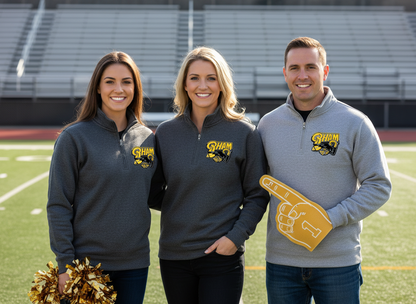 Three people wearing gray sweatshirts with a logo on a football field.