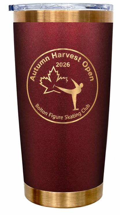 BFSC Autumn Harvest Open Customizable Maroon and Gold Engraved Insulated Travel Mug