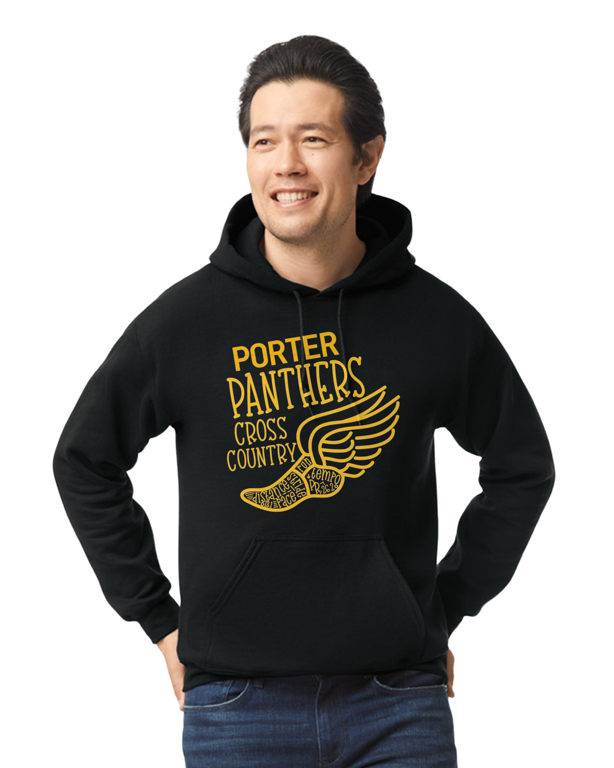 A smiling adult wearing a black hooded sweatshirt with 'Porter Cross Country' and a flying panther graphic on the front.