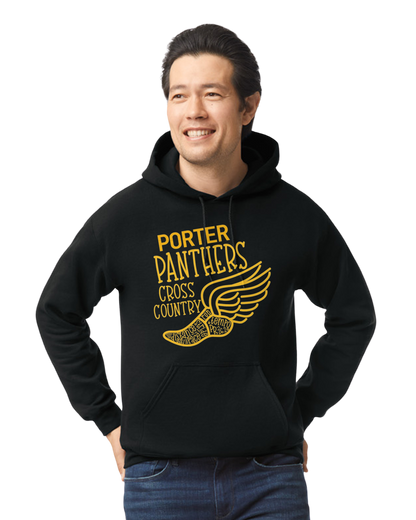 A smiling adult wearing a black hooded sweatshirt with 'Porter Cross Country' and a flying panther graphic on the front.