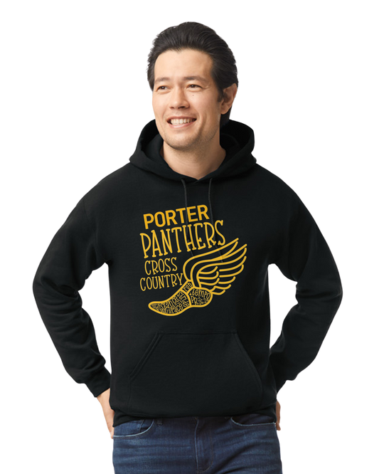 A smiling adult wearing a black hooded sweatshirt with 'Porter Cross Country' and a flying panther graphic on the front.