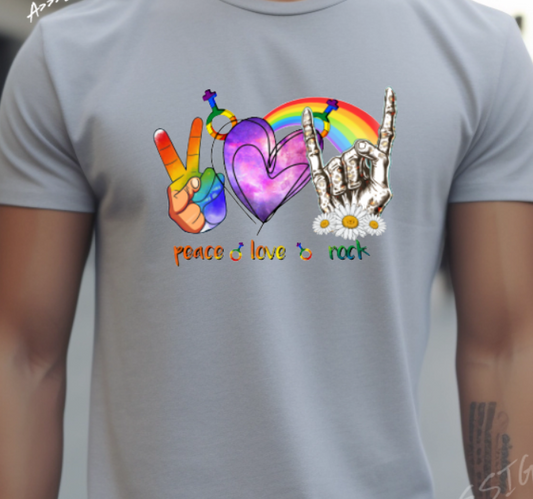LGBTQ+ Peace Love and Rock Adult Tshirt