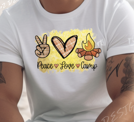 Peace Love Camp Yellow Adult Tshirt