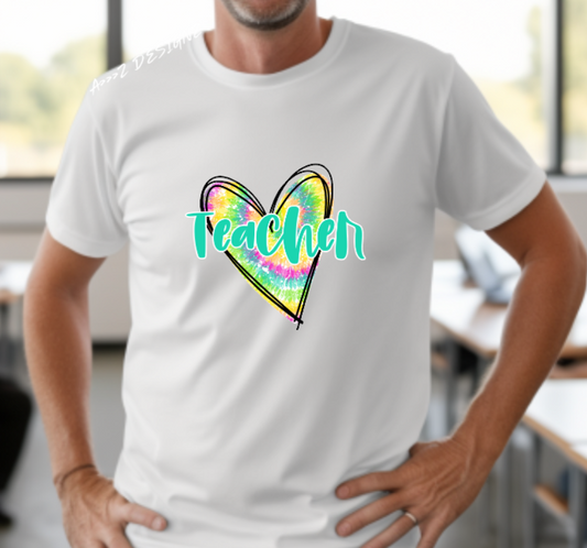 Teacher Tye Dye Heart Adult Tshirt